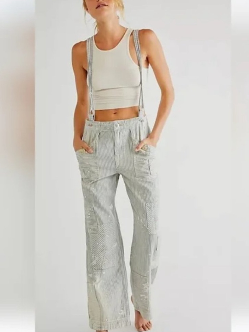 Free People Cream-Striped Women’s Overalls